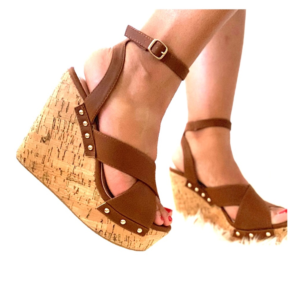 Tan, Faux Leather Wedges.  Ankle-strap Sandals.